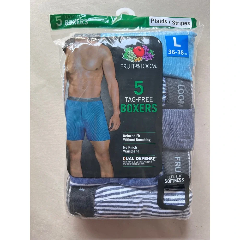 Fruit of the Loom Mens 5 Pack Tag-Free Boxers Large 36-38